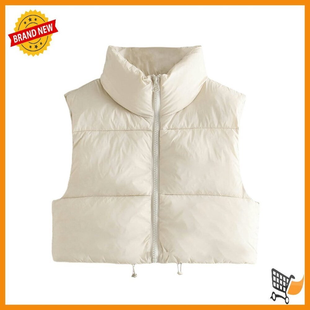 Cropped Puffer Vest Stand Collar Zip Up Sleeveless Winter Vest Polyester